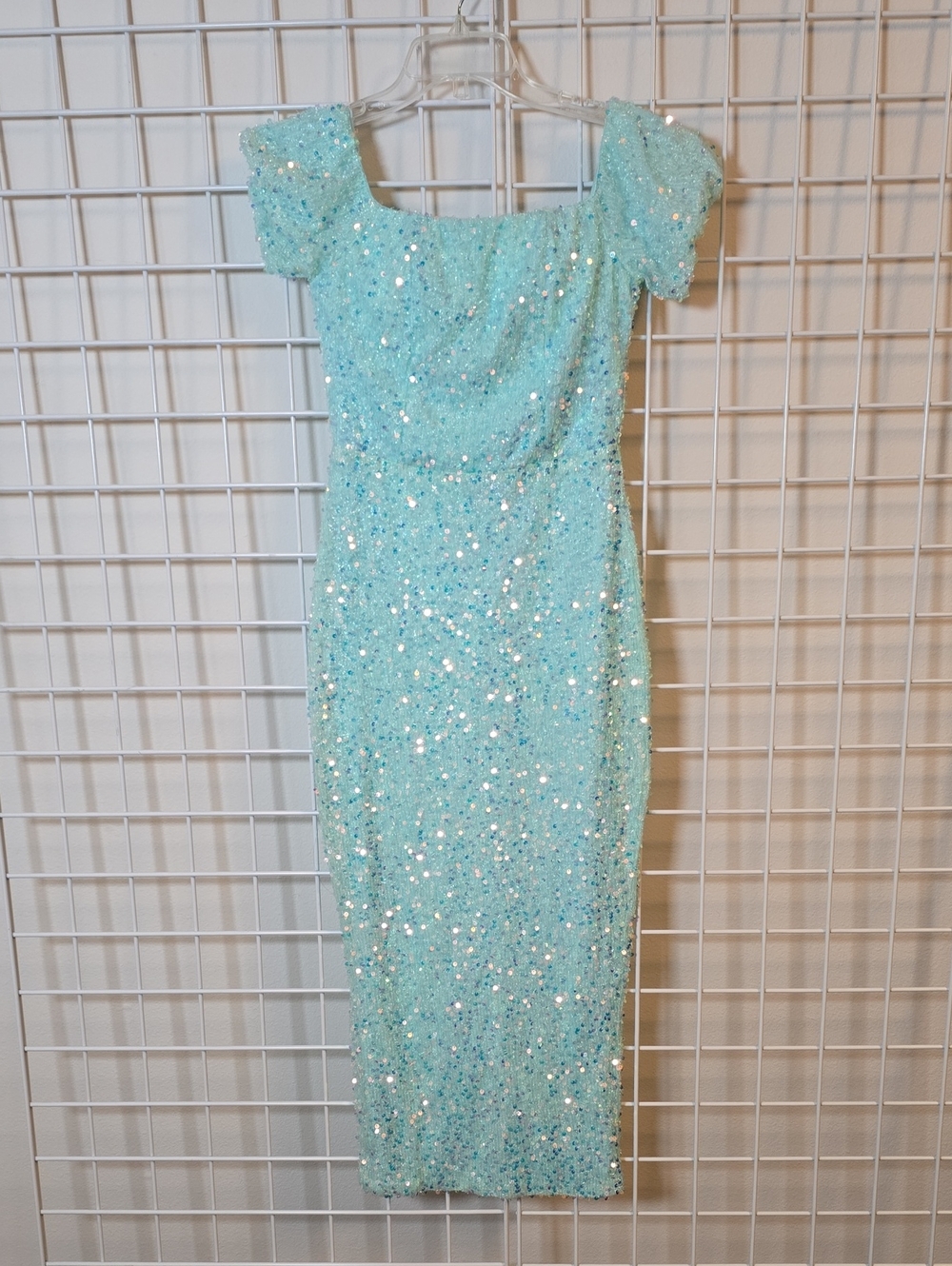 Miss Ord Aqua Sequin Evening  Gown Square Neckline Puff Sleeves Size Small NWT